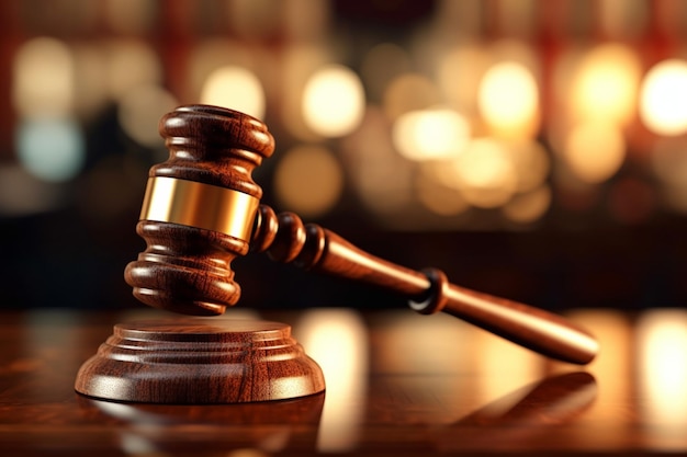 A wooden judge's gavel sits on a table in a court.