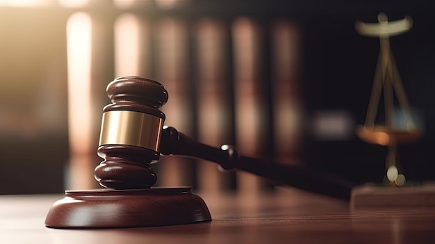 A wooden judge's gavel sits on the table in a courtroom