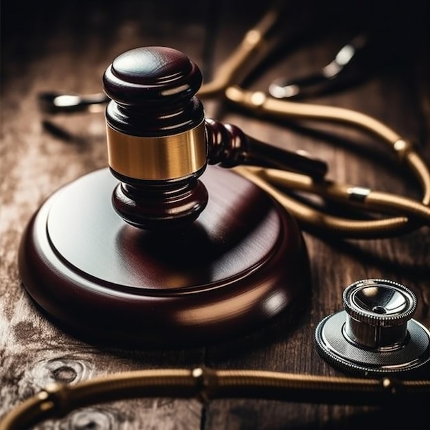 A wooden judge's gavel sits on a table next to a stethoscope.