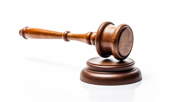 A wooden judge's gavel sits on a white background.