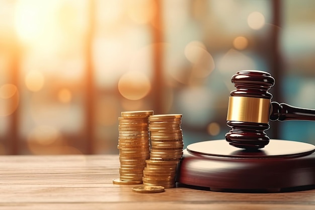 A wooden judge's gavel next to a stack of coins.