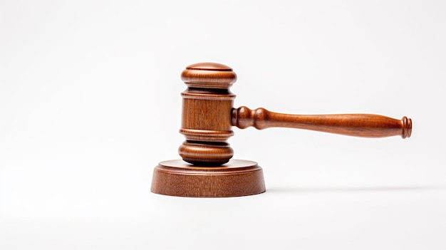 A wooden judge's gavel on a white background