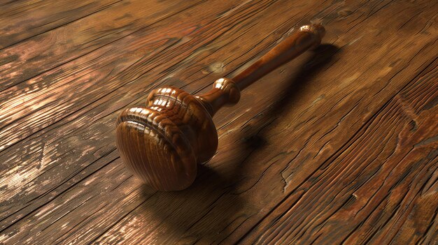 Photo a wooden judges gavel rests on a solid wood table the gavel is made of rich dark wood the table is a warm medium wood