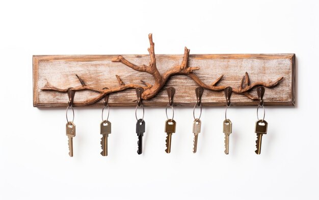 Photo wooden key holder with hooks on white background