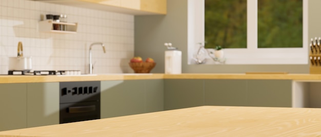 Wooden kitchen counter island for montage over blurred vintage green kitchen interior background