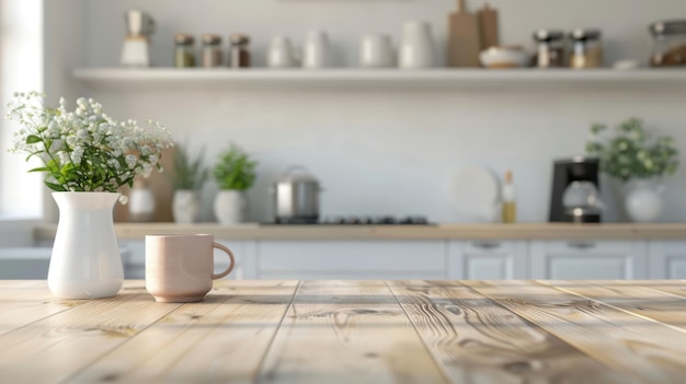 wooden kitchen desk with a modern design featuring a blurred background and white light