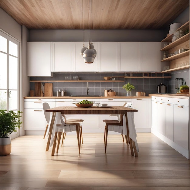 Photo wooden kitchen interior design with gray wooden floor