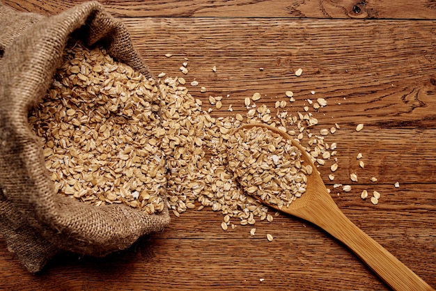 Wooden kitchen items cereals products view from above