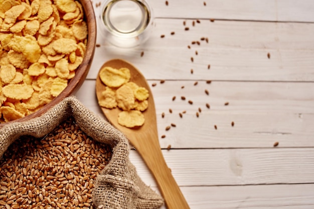 Wooden kitchen items healthy breakfast view from above