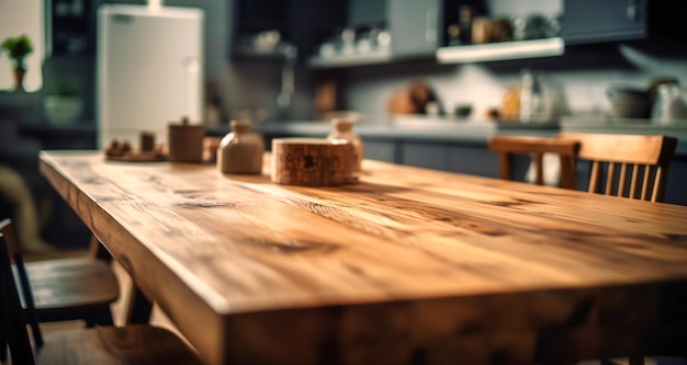 Wooden kitchen table blurred background