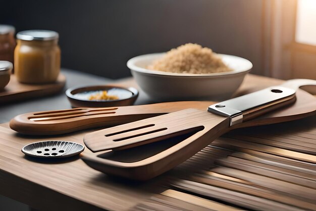 A wooden kitchen table with a bowl of rice and a bowl of rice