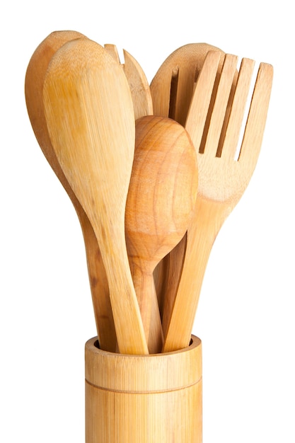 Wooden kitchen utensils  isolated on a white background