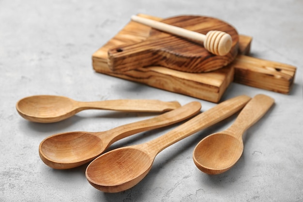 Wooden kitchen utensils on table