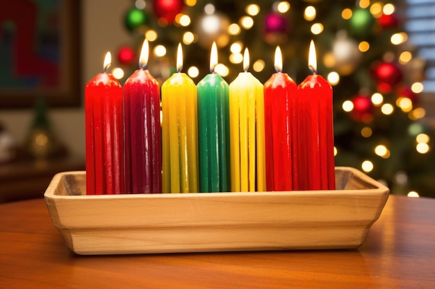 Photo wooden kwanzaa kinara filled with variously colored candles created with generative ai