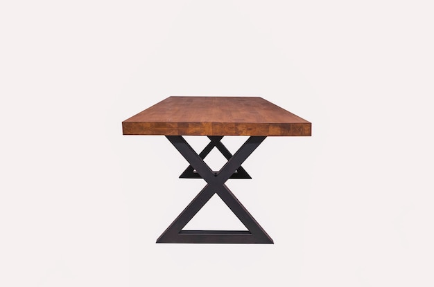 wooden lacquered table with black metal legs on white background side view