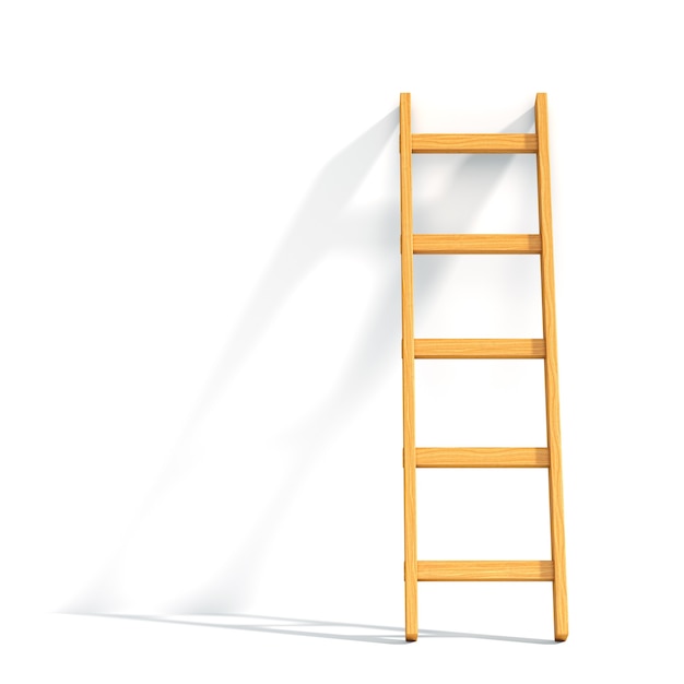 Photo wooden ladder leaned against white wall isolated. 3d illustration