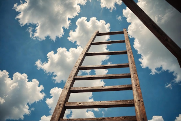 Foto una scala di legno che si estende verso il cielo perforando la luce del giorno e le nuvole soffici