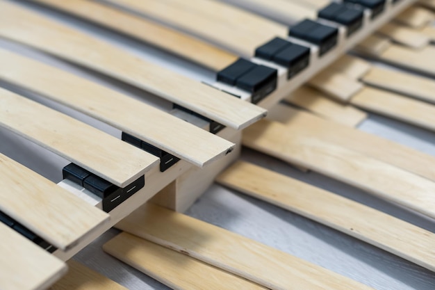 wooden lamella beds close up