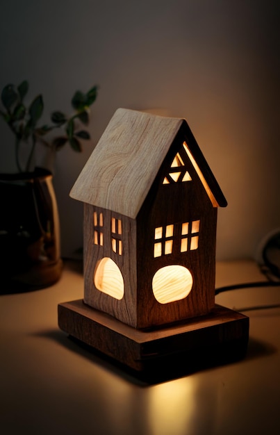 A wooden lamp with a house shaped light