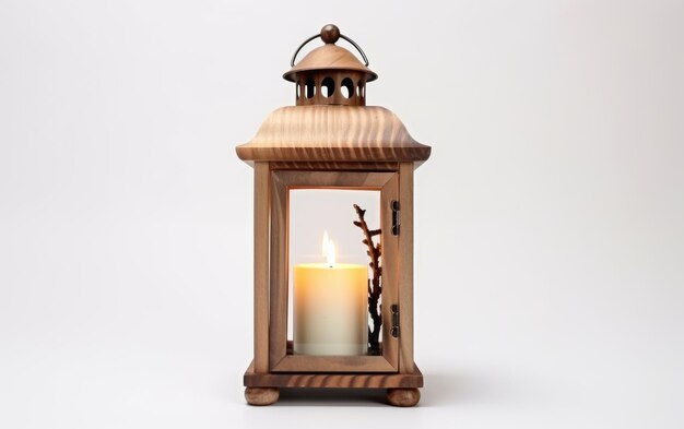 Wooden Lantern with Candle on White Background