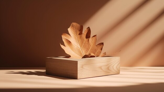 A wooden leaf on a wooden shelf with sunlight shining through it.