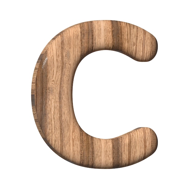 Wooden letter C on a white background 3d rendered with brown wood texture