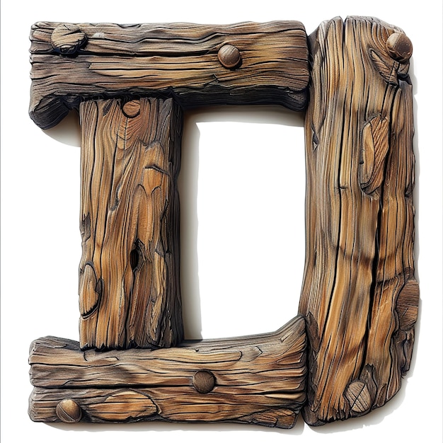 a wooden letter D drawn on white