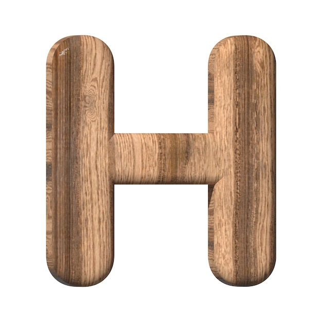 Wooden letter H on a white background 3d rendered with brown wood texture 3d illustration