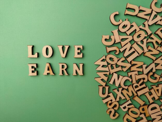 「LOVE EARN」の文字をアレンジした木製文字おもちゃ