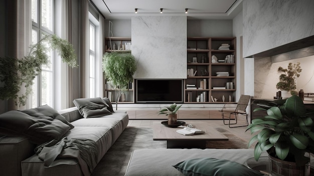 Wooden living room interior with armchair and couch with lamp bookshelf rack and drawer