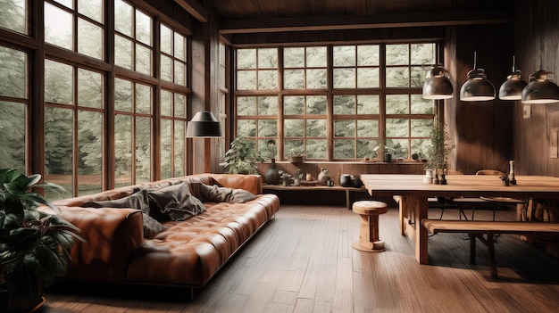 Wooden living room interior with eating table and couch panoramic window Generative AI