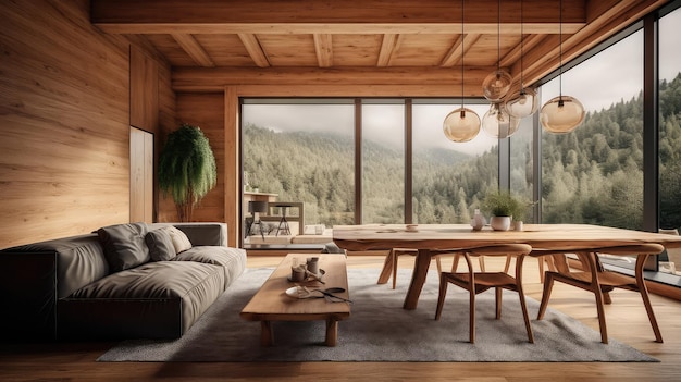 Wooden living room interior with eating table and couch panoramic window Generative AI