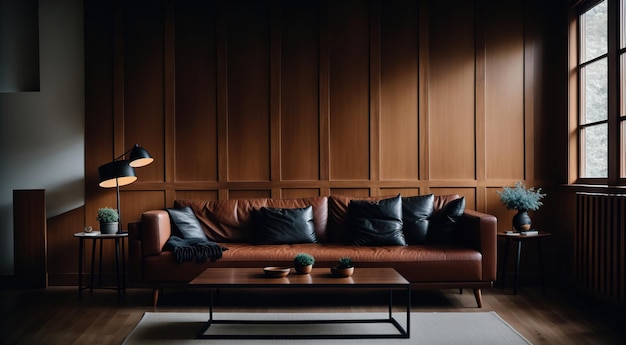 Wooden living room with leather sofa Generative AI