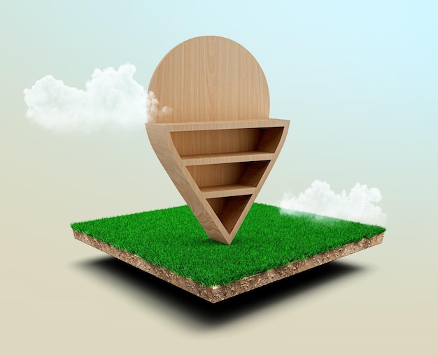 Wooden location pin icon on cubical soil land geology cross section with green grass ground ecology