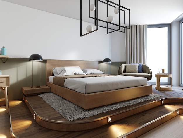 스탠드 침대를 위한 나무 포디움이 있는 나무 로프트 스타일 침실. 에코 디자인은 로탕 체어와 작업대를 사용하여 밝고 미니멀합니다. 3d 렌더링.