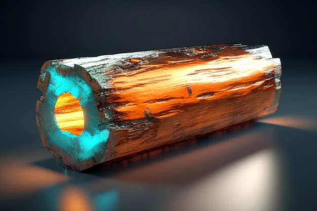 A wooden log with a blue ring around the middle.