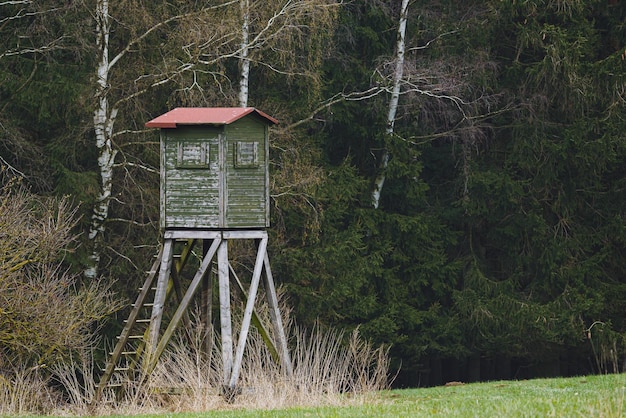 Wooden lookout tower for hunting in the woods and on meadow