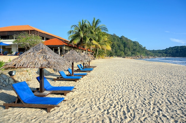 Wooden lounge / deck chairs and umbrella on paradise beach looking out to ocean, blue sky