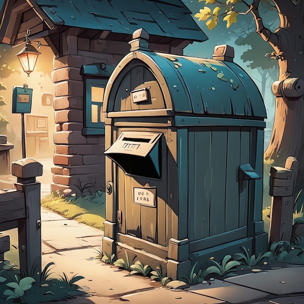 wooden mailbox with a house and plantswooden mailbox with a mailbox in the park cartoon illustratio