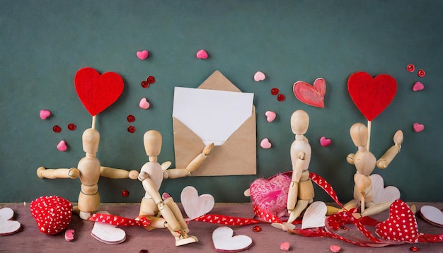 wooden mannequin figures with hearts st valentines day invitation card