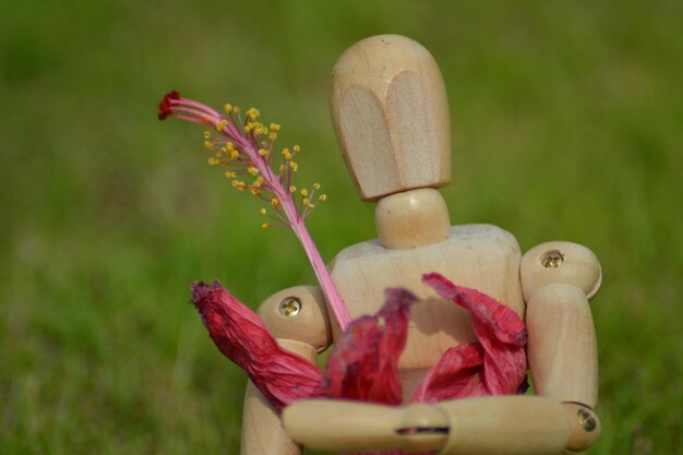 A wooden mannequin holding a wilted pink hibiscus flower