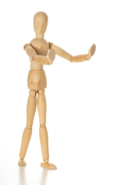 Wooden Mannequin with Arms Up Isolated on White Background