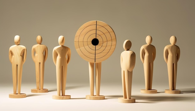 Wooden mannequins stand in front of a target with the word target on the top.