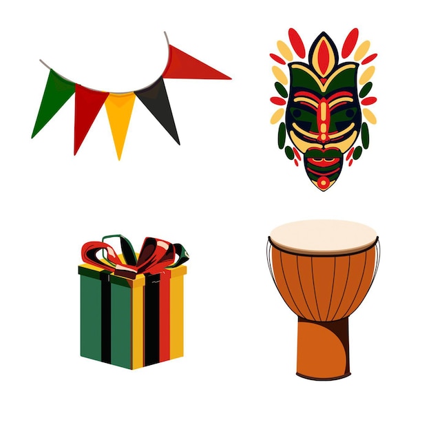 Foto maschera di legno regalo di tamburo africano e bandiere su kwanzaa illustrazione su sfondo bianco disegnata a mano