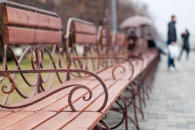 Wooden and metal bench with people beside in the park in autumn. Shallow depth of field