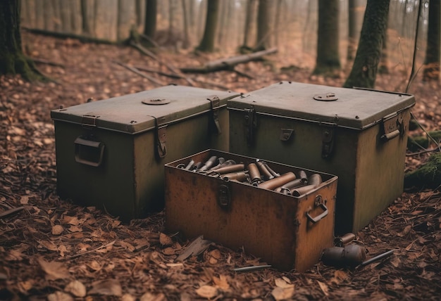 Wooden military crates for weapons and ammunition laid in the forest