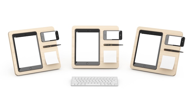 Organizzatori di dispositivi mobili in legno su sfondo bianco. rendering 3d