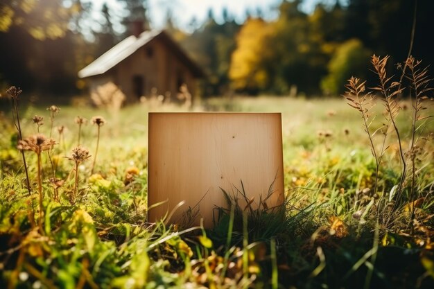 Photo wooden mockup sign near the old frame house on the green lawn in forest