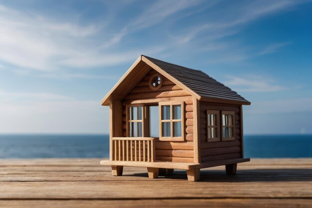 Foto modello di casa in legno vicino al mare