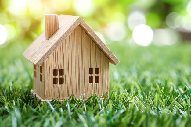 Деревянная модель дома на траве летом на открытом воздухе новая концепция дома ar 32 v 6 Job ID 4fe330872f1048039011763e9badd6ef